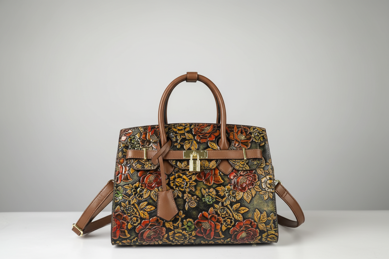 Floral patterned handbag with brown handles and strap