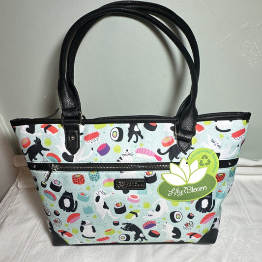 Medium Tote Zip Top Cat Sushi Print Inner Pockets