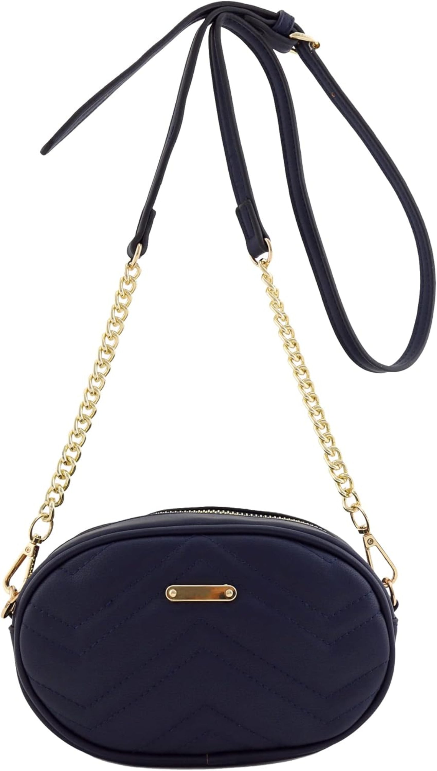 Navy blue handbag with gold chain and strap