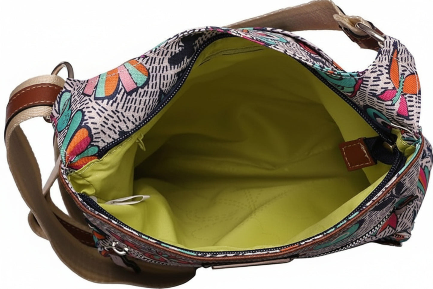 Colorful patterned bag with a brown interior on a white background