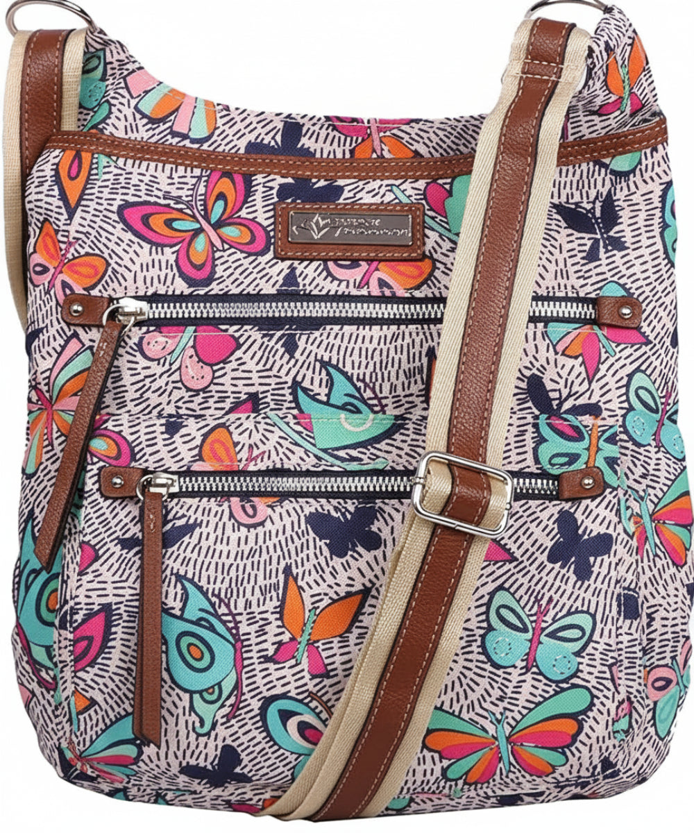 Multicolored butterfly-patterned handbag with brown straps on a white background