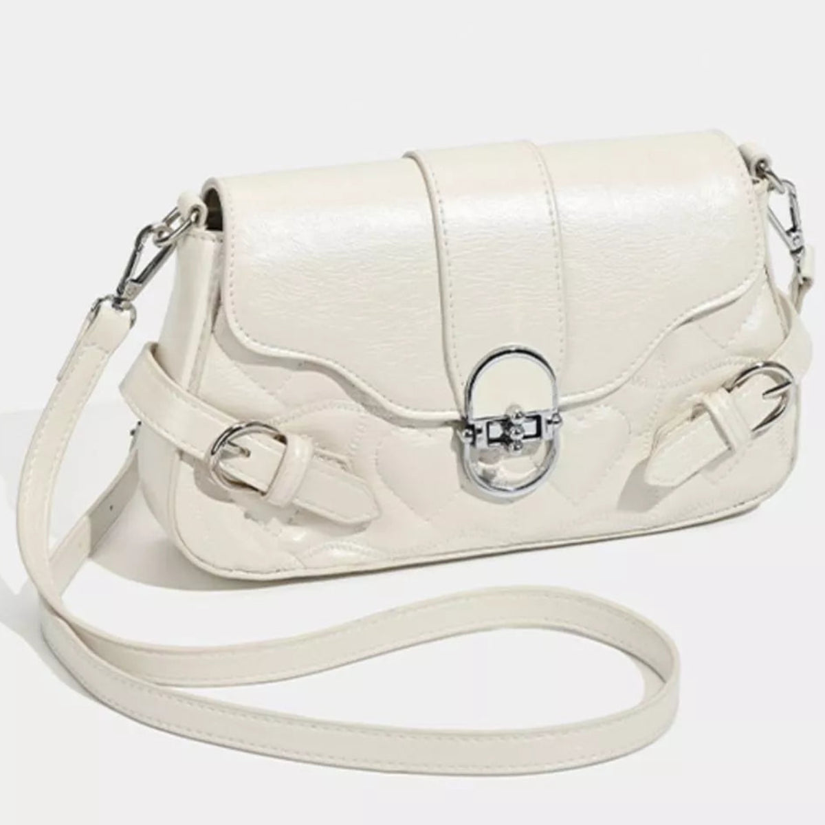 Quilted Vegan Leather Flap Crossbody Bag with Buckle Detail