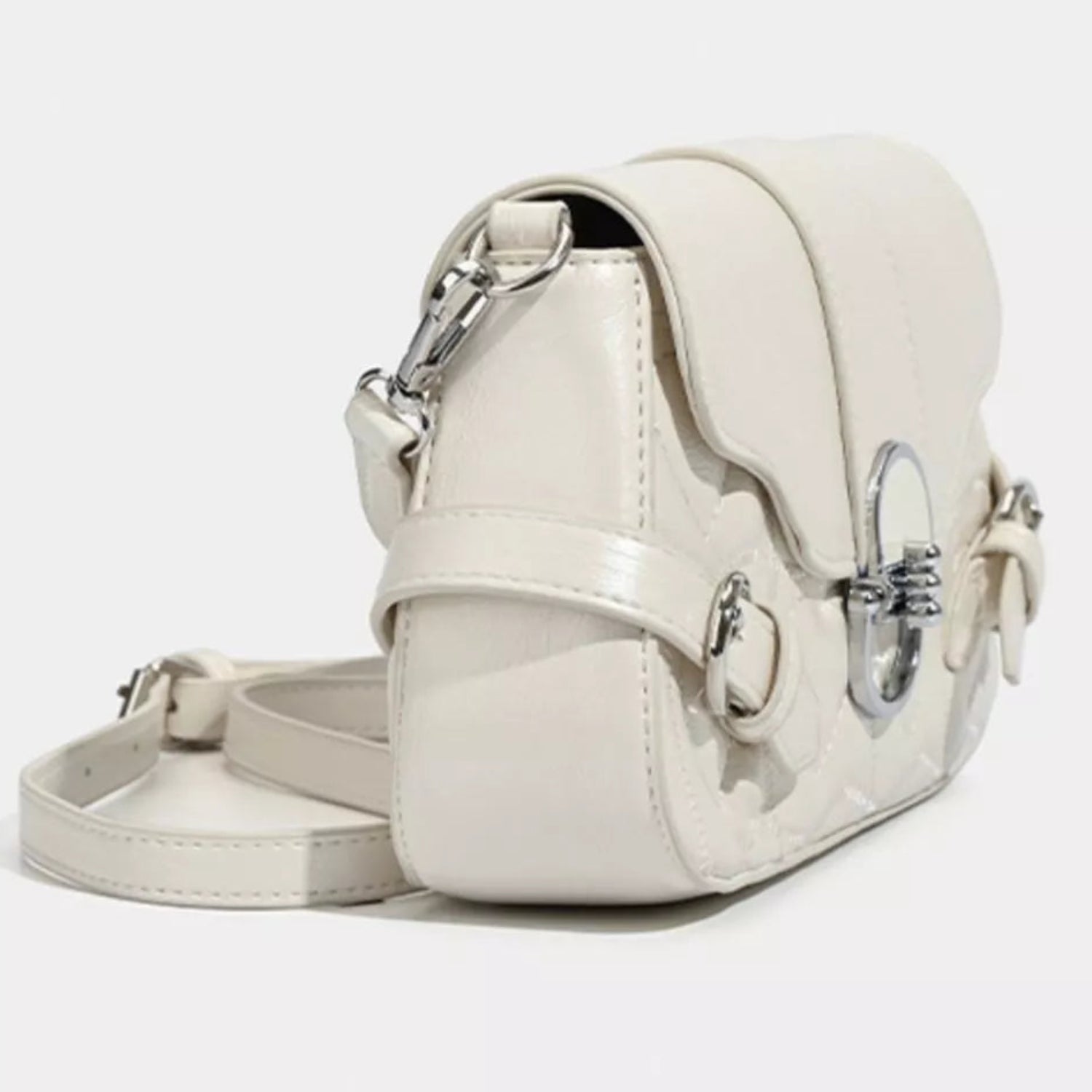 Quilted Vegan Leather Flap Crossbody Bag with Buckle Detail