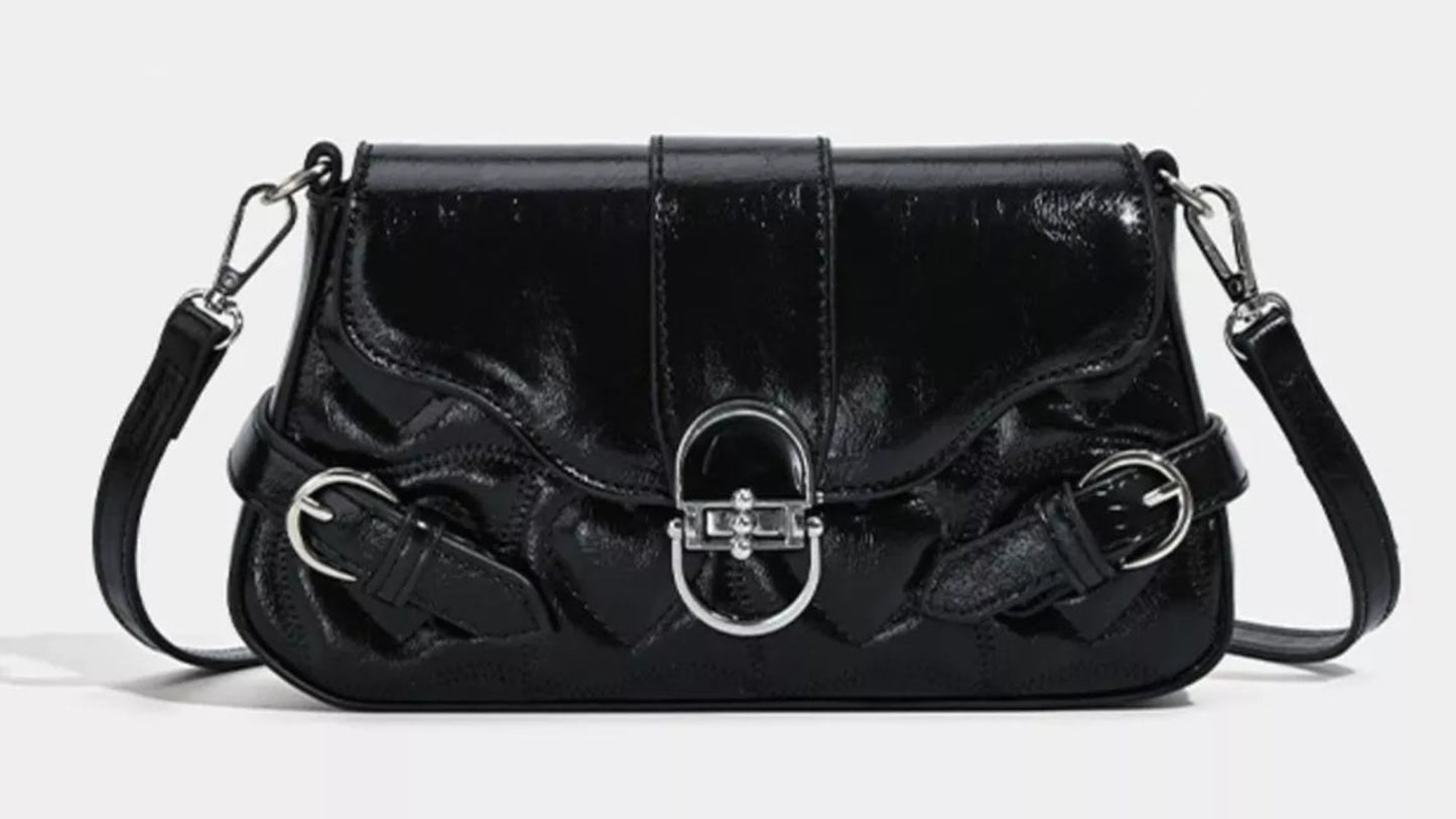 Quilted Vegan Leather Flap Crossbody Bag with Buckle Detail