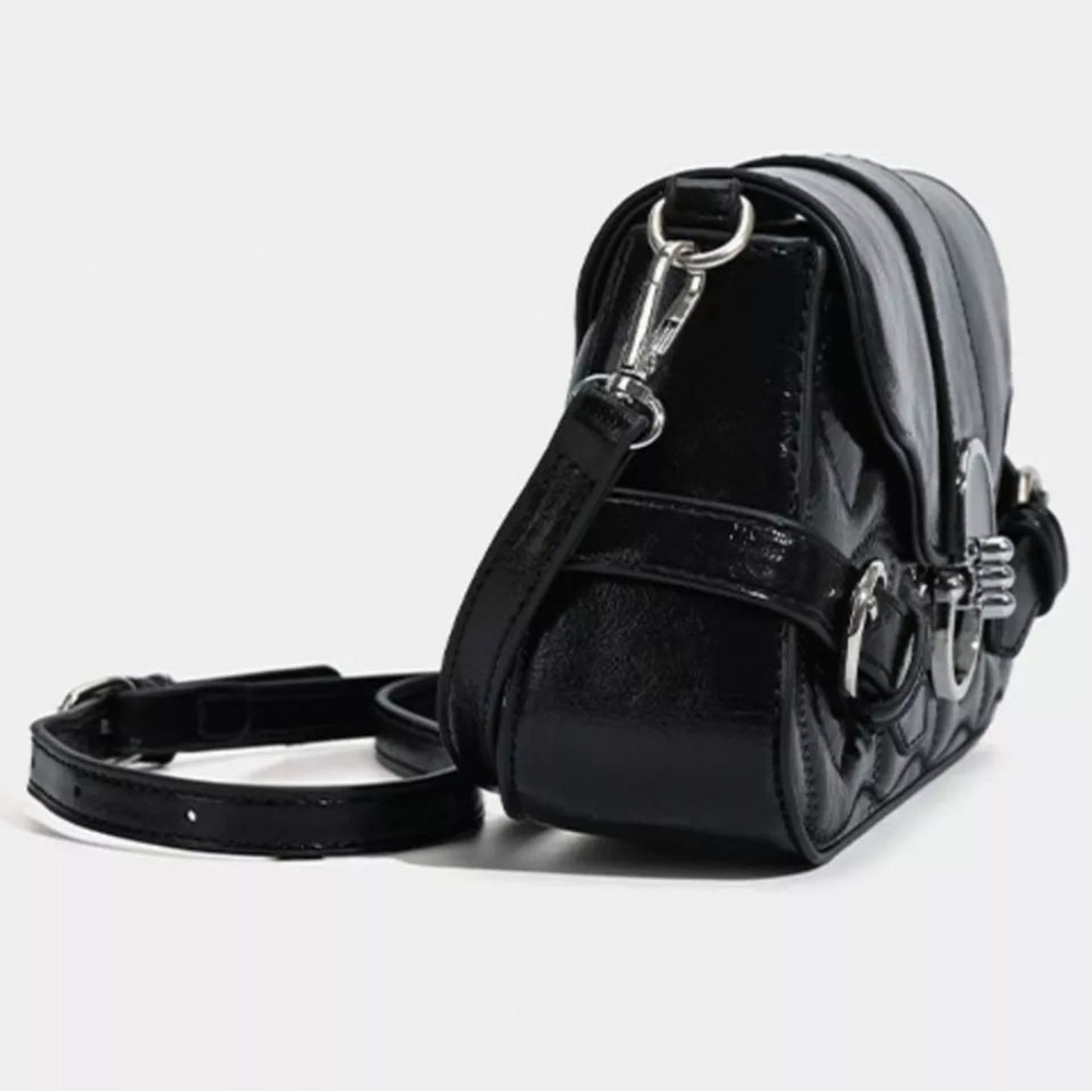 Quilted Vegan Leather Flap Crossbody Bag with Buckle Detail