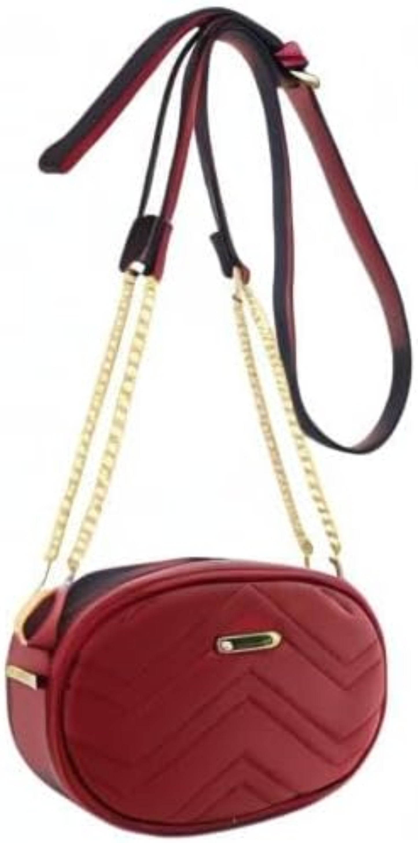 Red crossbody bag with a gold chain strap