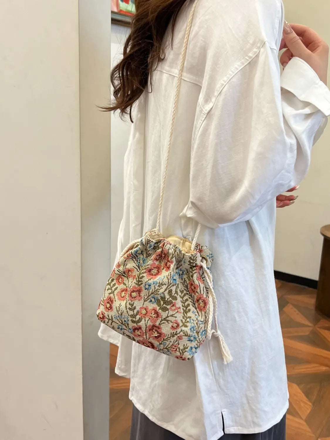Rope Drawstring Floral Bucket Bag | Lily Bloom