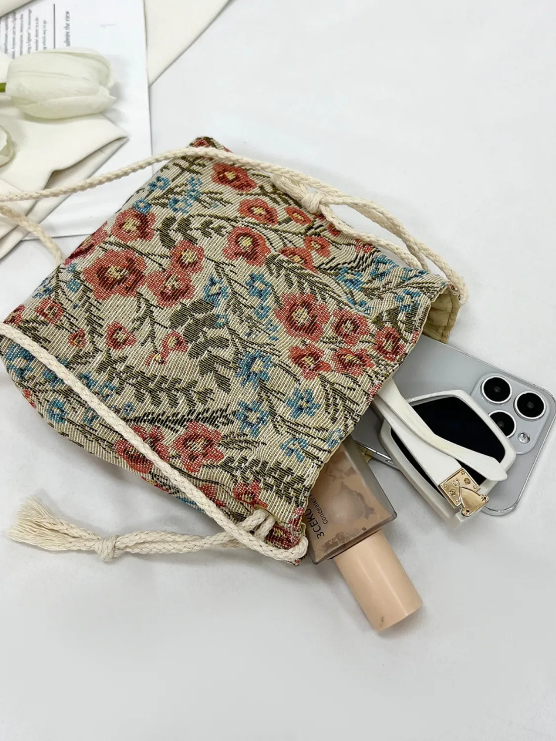 Rope Drawstring Floral Bucket Bag | Lily Bloom