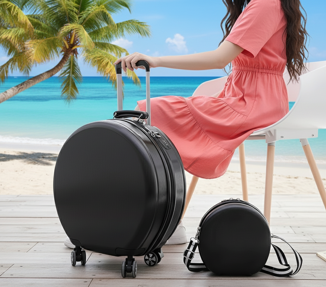 Round Travel Suitcase Trolley with Wheels & Matching Shoulder Bag Set