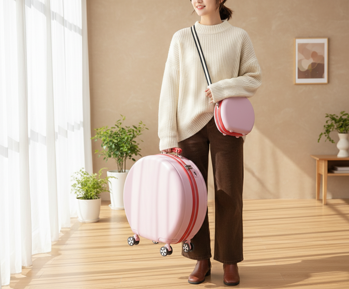 Round Travel Suitcase Trolley with Wheels & Matching Shoulder Bag Set