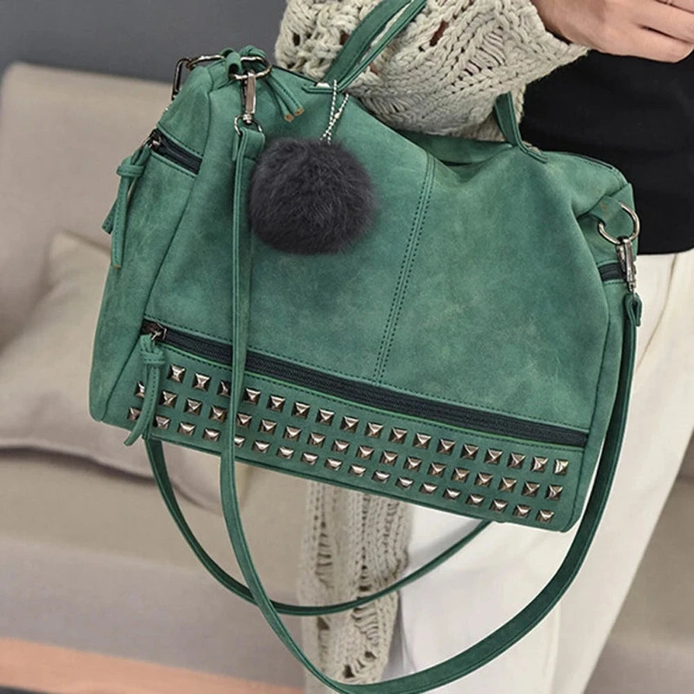 Leather Shoulder Top Handle Rivets Retro Motorcycle Tote Bag - Lily Bloom Store