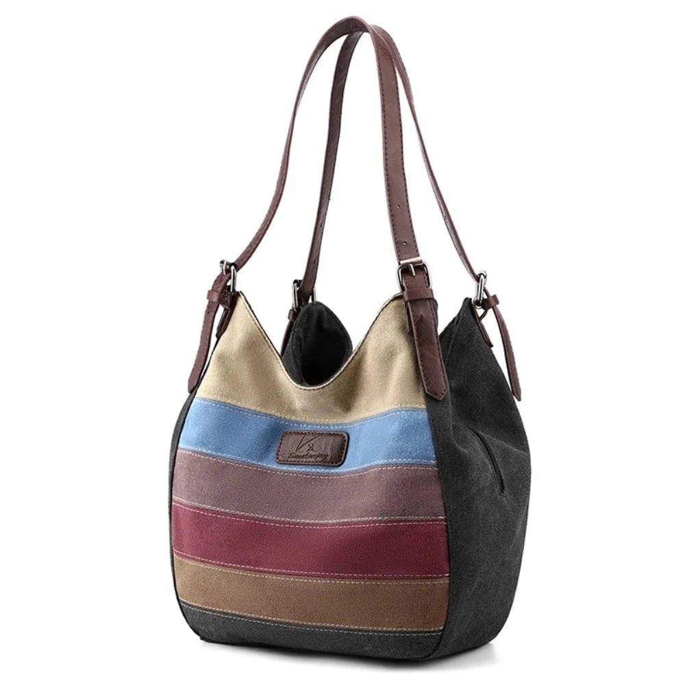 Women's Stripe Spliced Canvas Patchwork Handbag - Lily Bloom Store