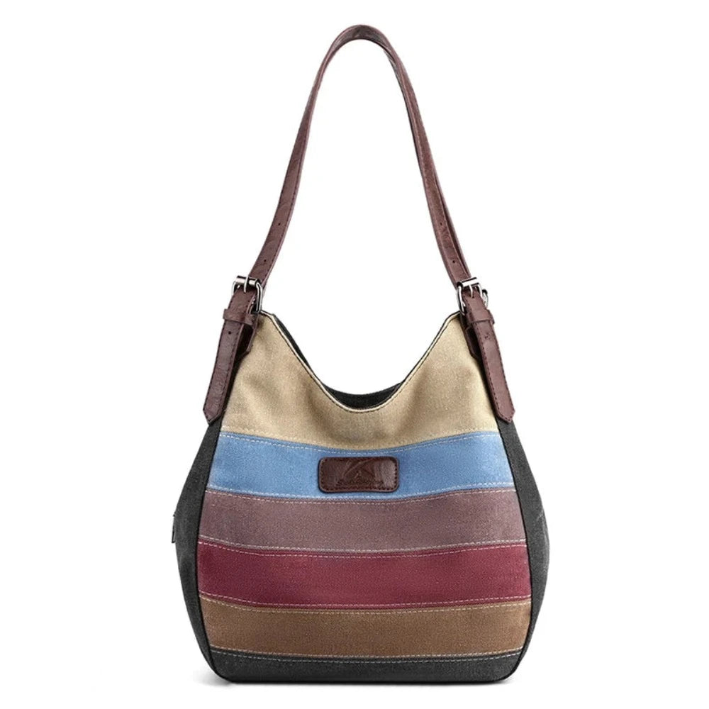Women's Stripe Spliced Canvas Patchwork Handbag - Lily Bloom Store