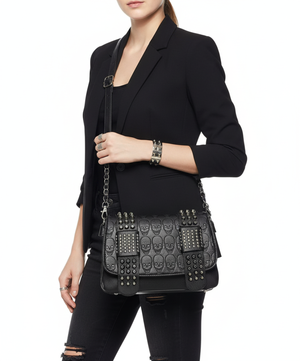 Leather Messenger Skull Rivets Shoulder Punk Cross - body Bag - Lily Bloom