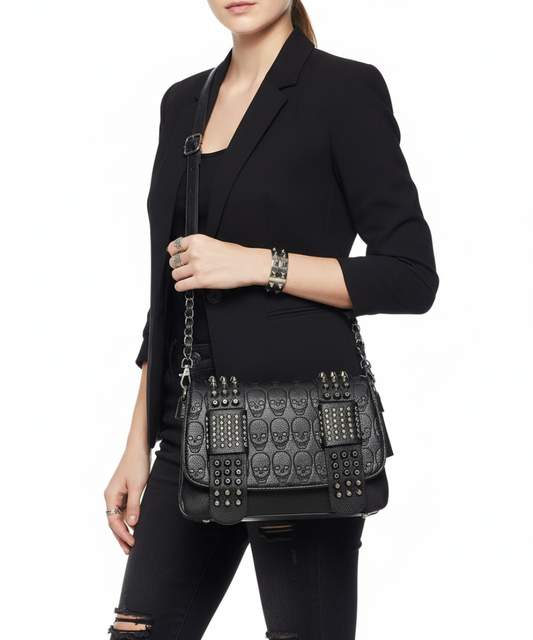 Leather Messenger Skull Rivets Shoulder Punk Cross - body Bag - Lily Bloom
