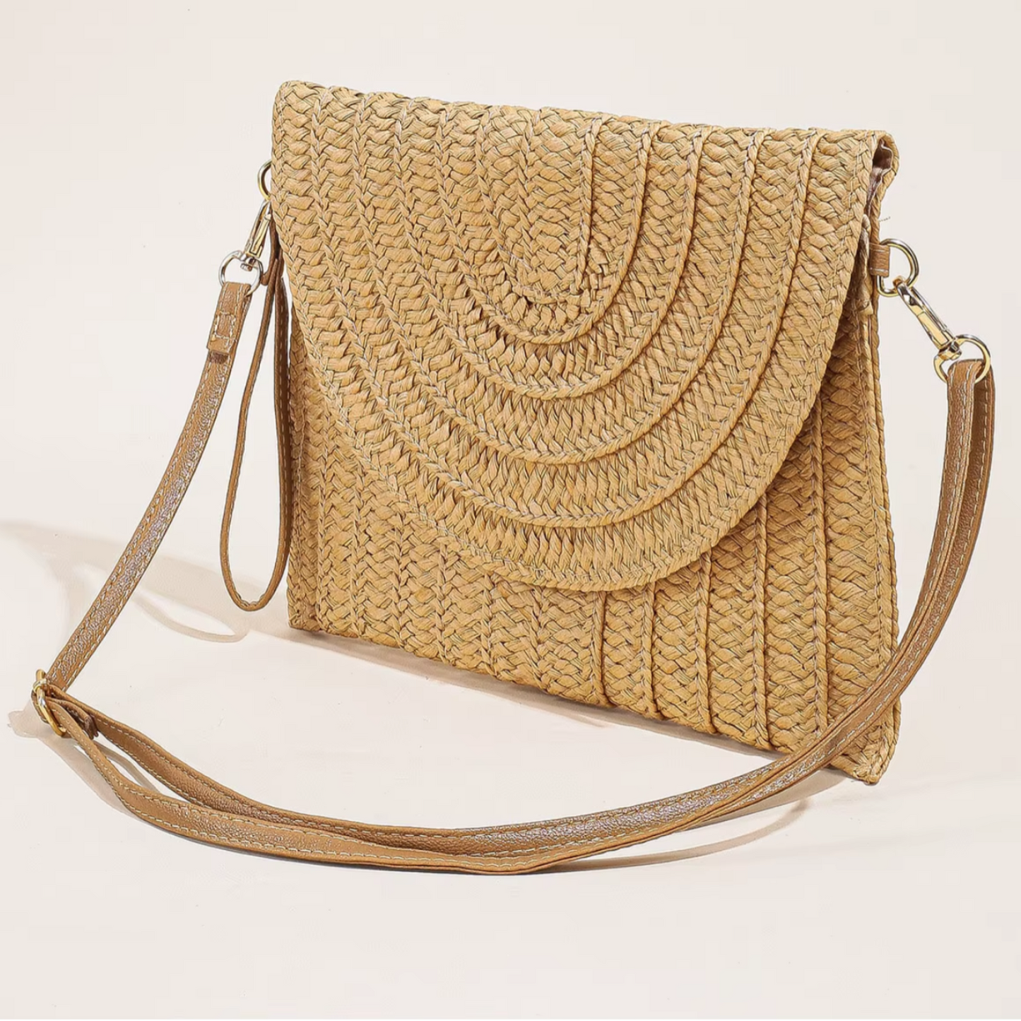 Stitch Detailed Straw Crossbody Bag