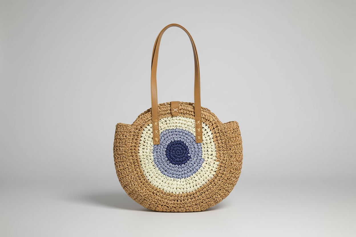 Straw Braided Round Happy Face Tote Bag