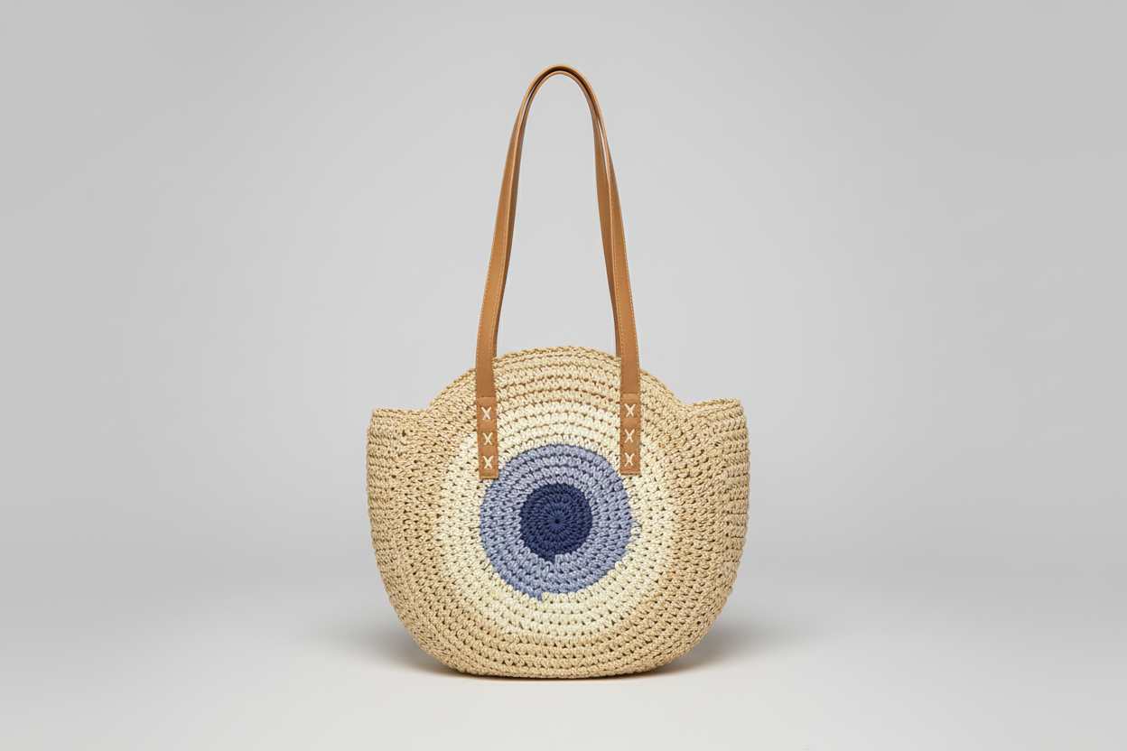 Straw Braided Round Happy Face Tote Bag