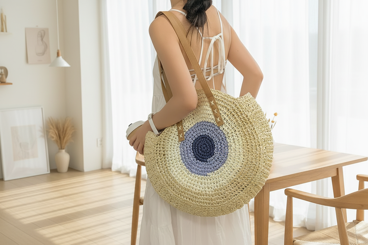 Straw Braided Round Happy Face Tote Bag