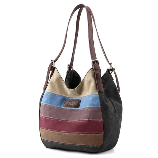 Women's Stripe Spliced Canvas Patchwork Handbag - Lily Bloom Store