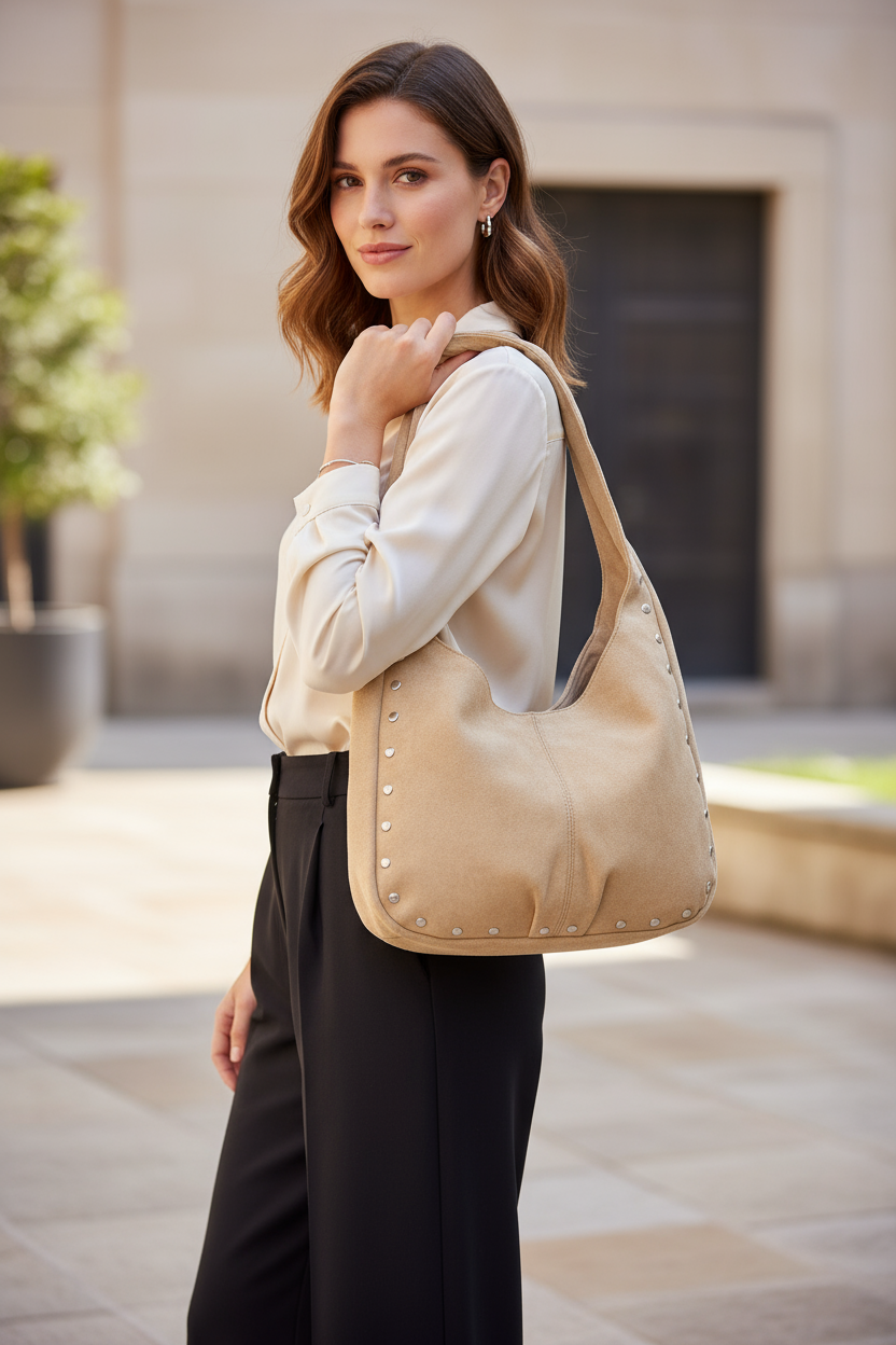 Vegan Suede Studded Trim Hobo Bag | Lily Bloom