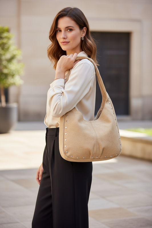Vegan Suede Studded Trim Hobo Bag | Lily Bloom