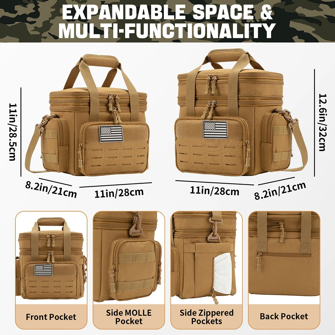 Tan tactical bag with multiple pockets and expandable space features