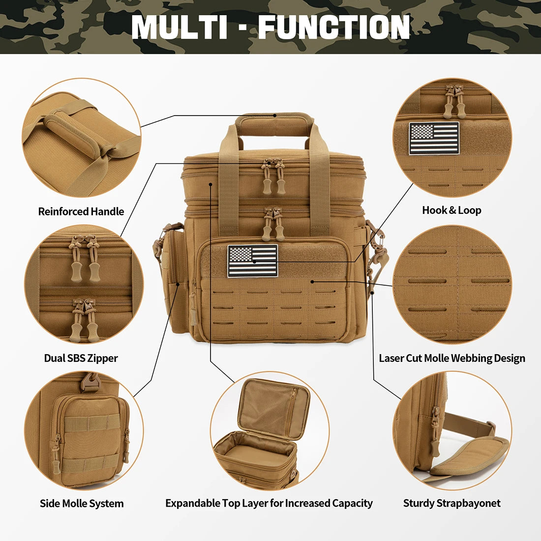 Tan tactical bag with features highlighted
