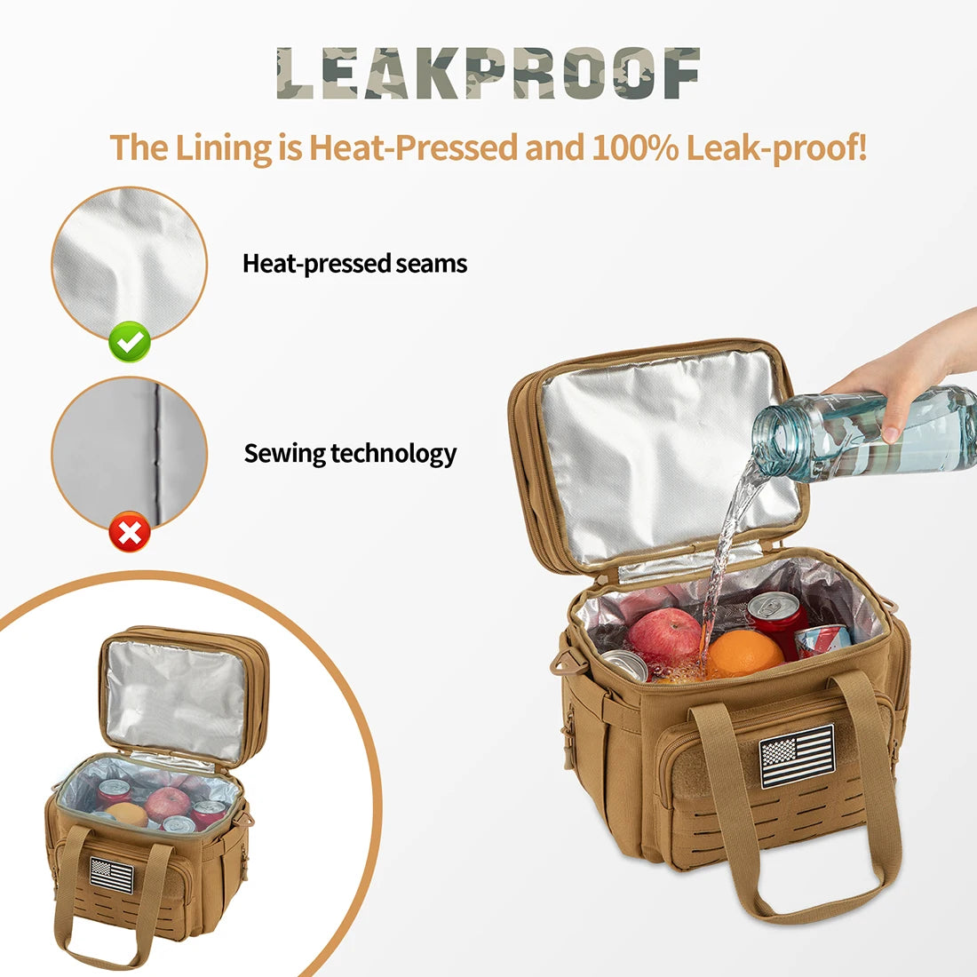 Leakproof cooler bag with heat-pressed seams and 100% leak-proof lining