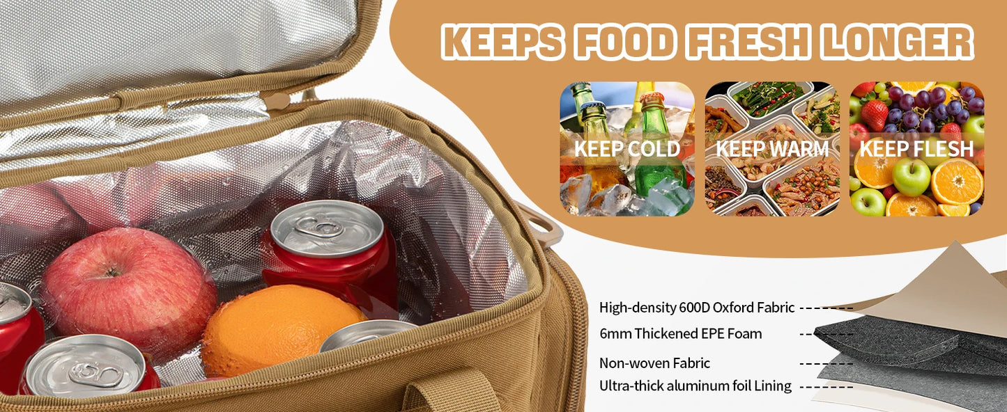 Insulated lunch bag with food items and text about keeping food fresh longer.