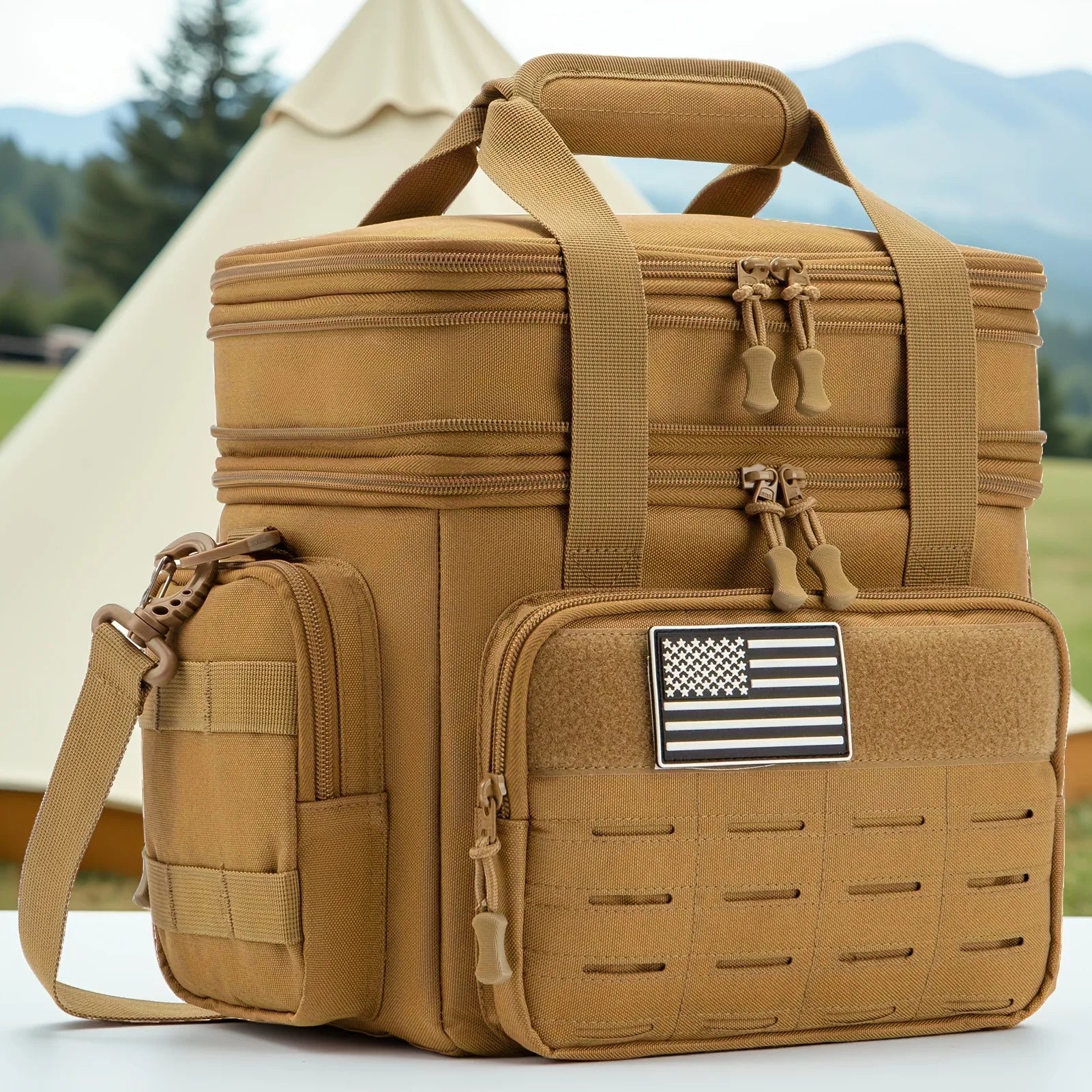 Tan tactical bag with American flag patch