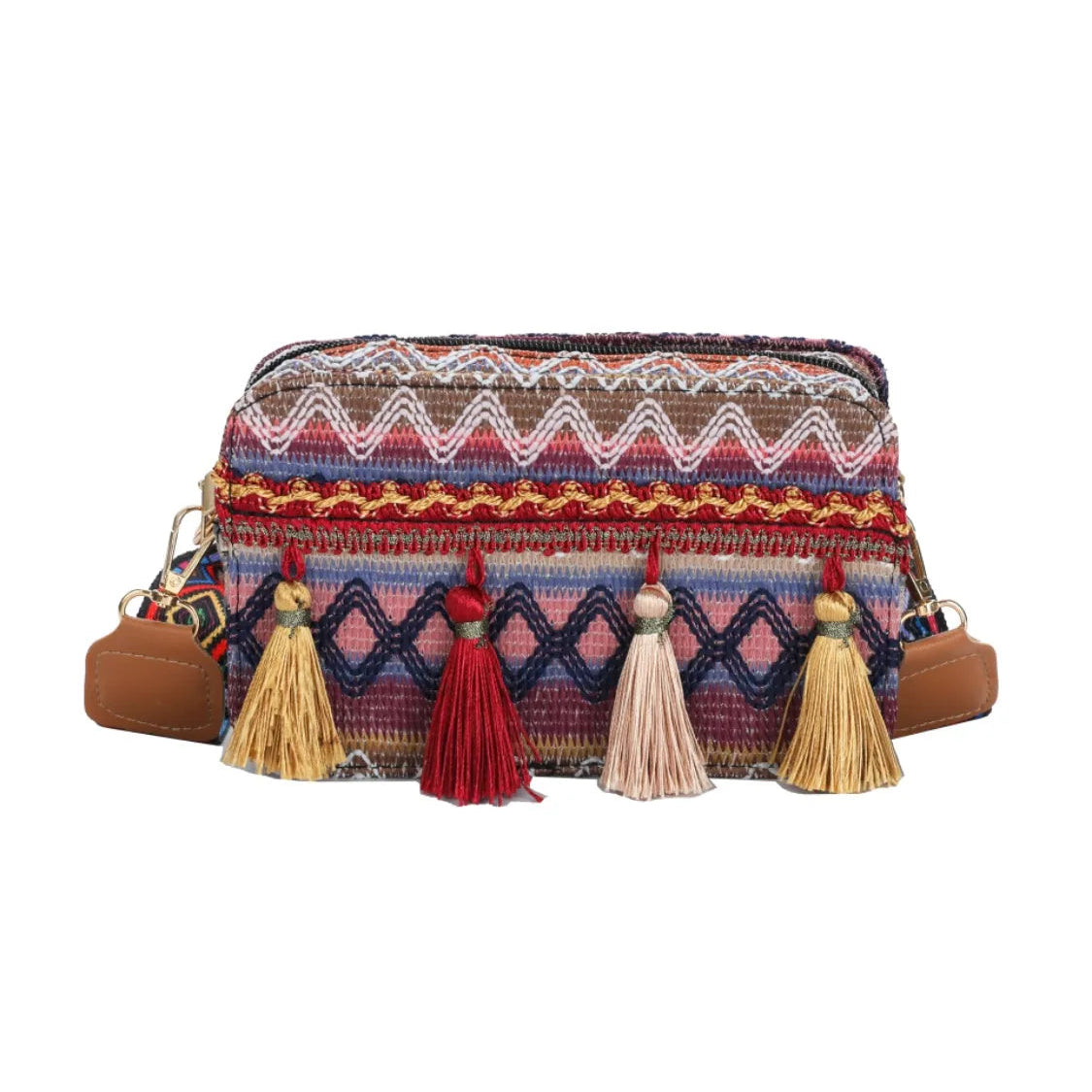 Bohemian Tassel Trim Crossbody Bag with Ethnic Pattern | Lily Bloom