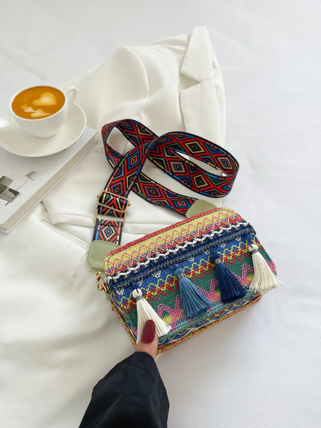 Bohemian Tassel Trim Crossbody Bag with Ethnic Pattern | Lily Bloom