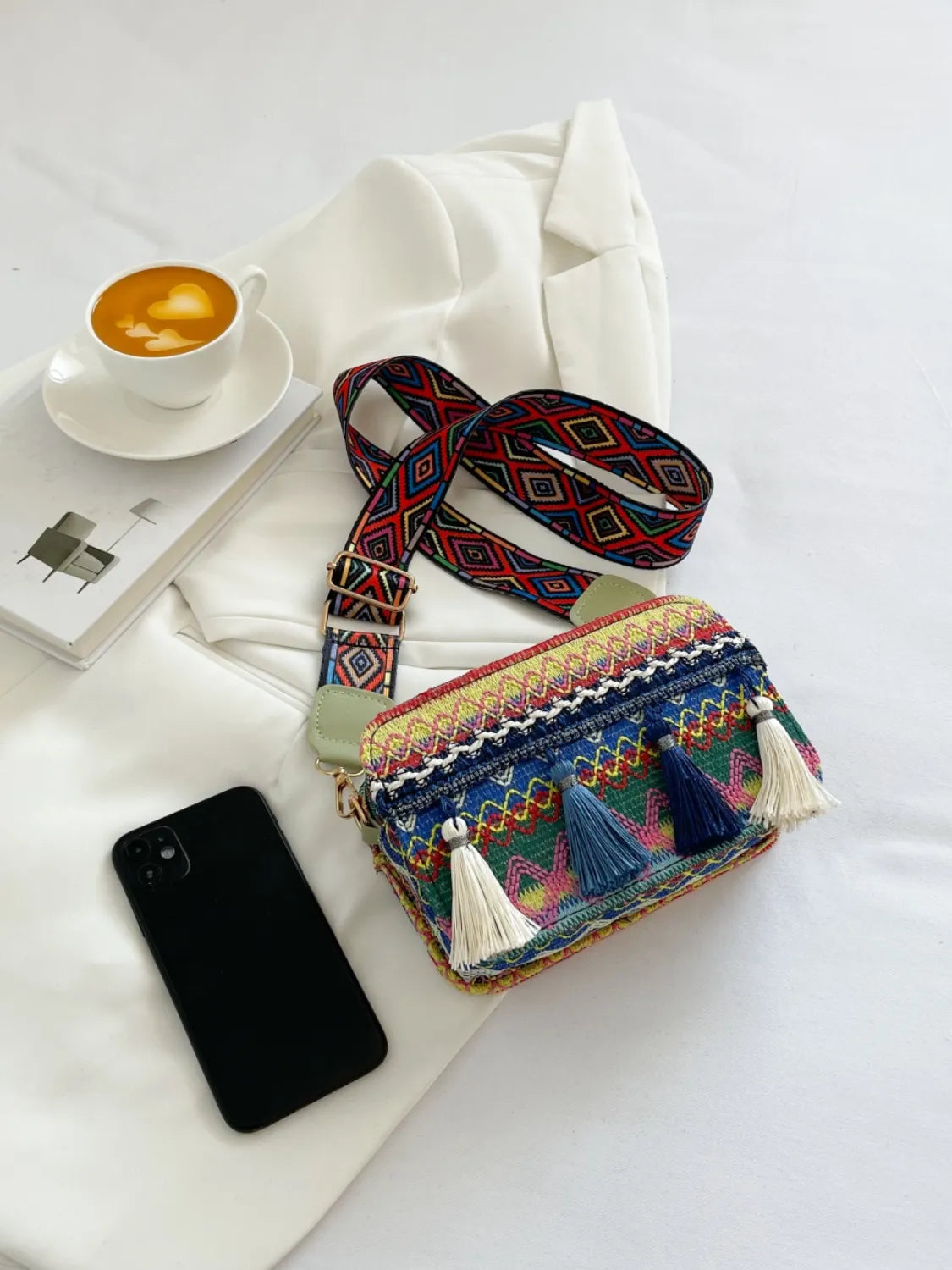 Bohemian Tassel Trim Crossbody Bag with Ethnic Pattern | Lily Bloom