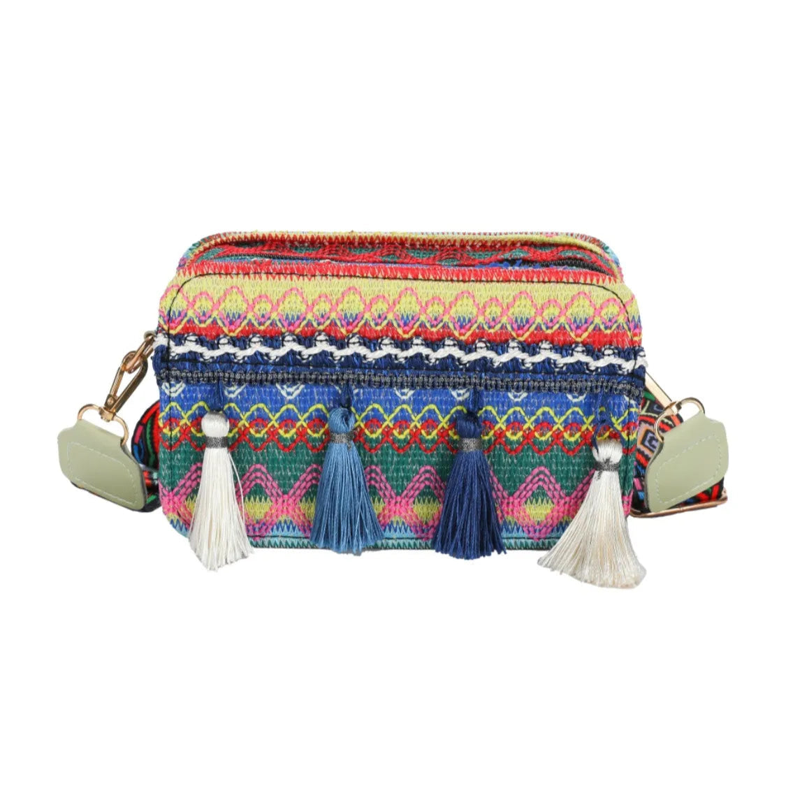 Bohemian Tassel Trim Crossbody Bag with Ethnic Pattern | Lily Bloom
