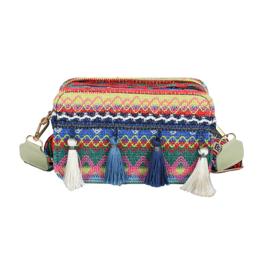 Bohemian Tassel Trim Crossbody Bag with Ethnic Pattern | Lily Bloom