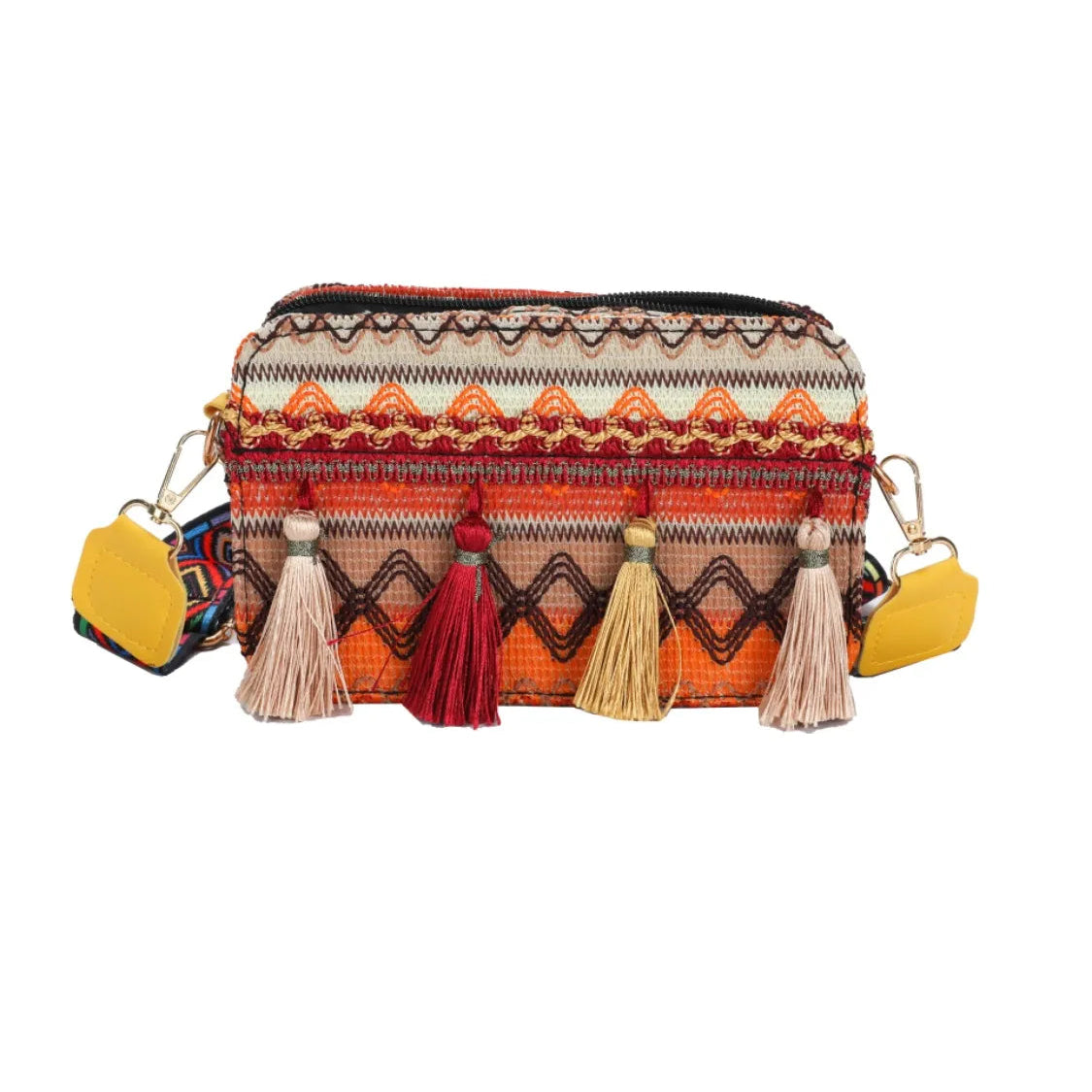 Bohemian Tassel Trim Crossbody Bag with Ethnic Pattern | Lily Bloom