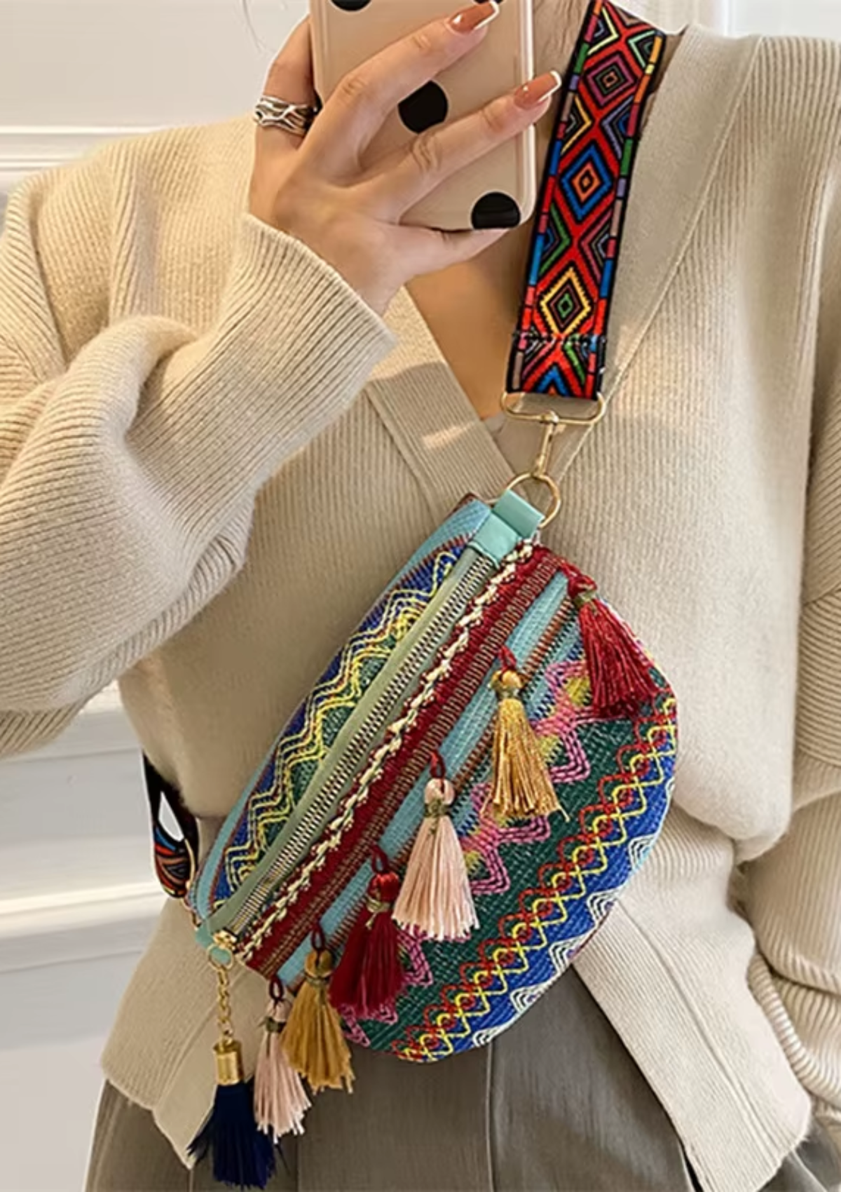 Tassel Trim Crossbody Bag with Ethnic Pattern