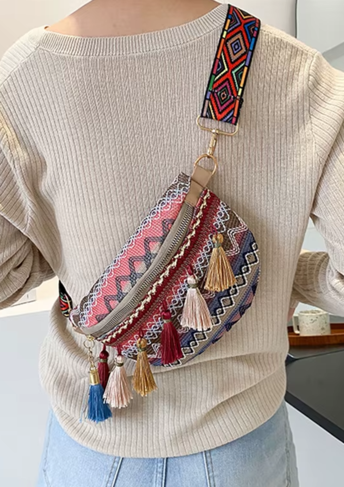 Tassel Trim Crossbody Bag with Ethnic Pattern
