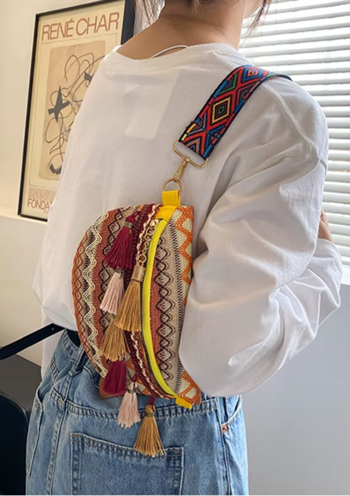 Tassel Trim Crossbody Bag with Ethnic Pattern