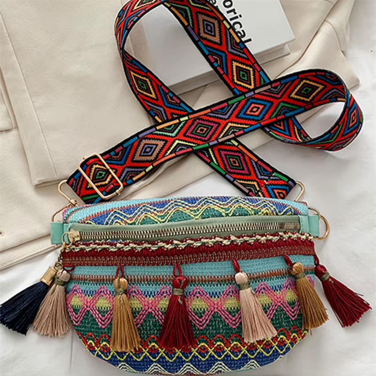 Tassel Trim Crossbody Bag with Ethnic Pattern