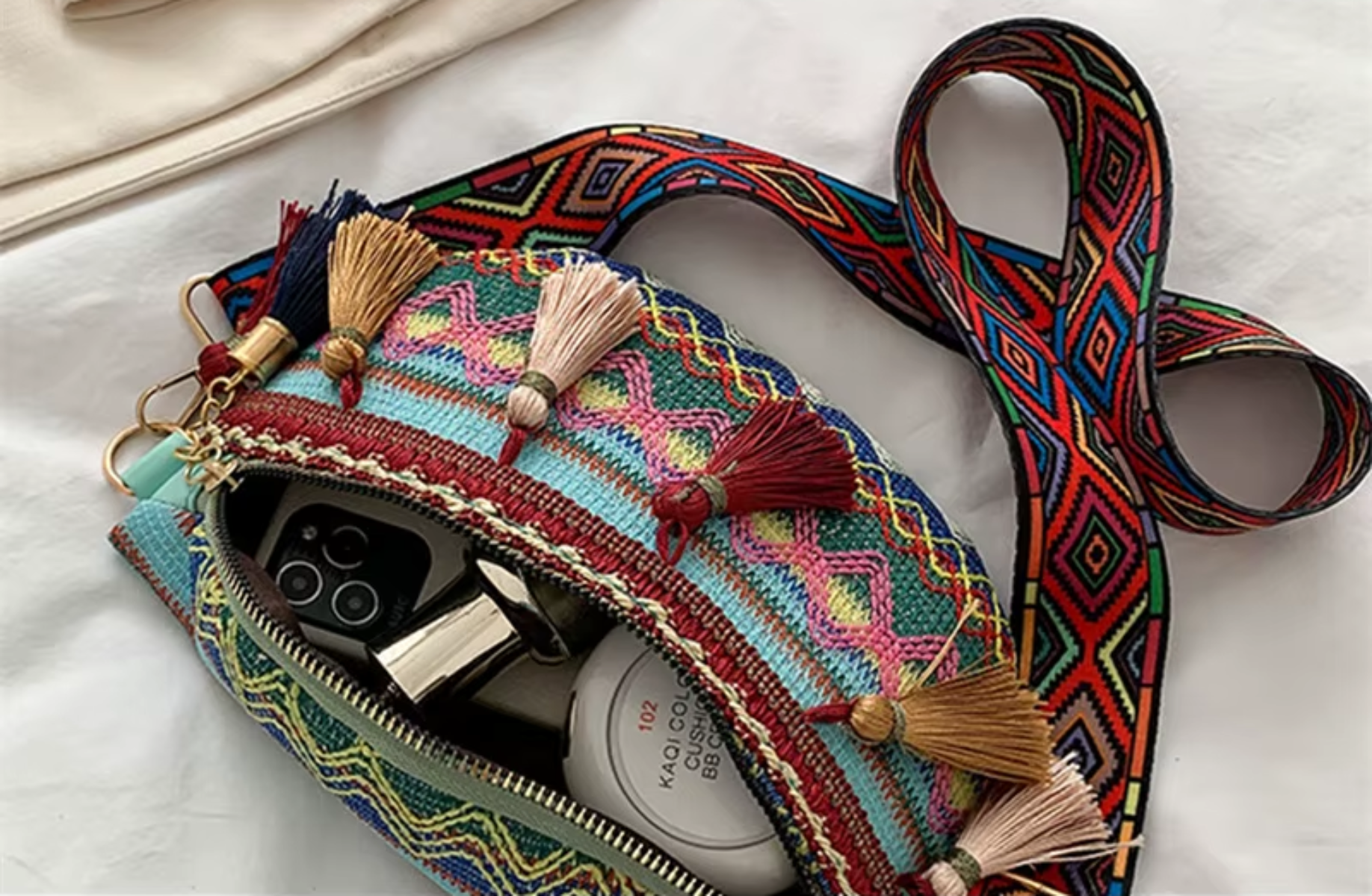 Tassel Trim Crossbody Bag with Ethnic Pattern