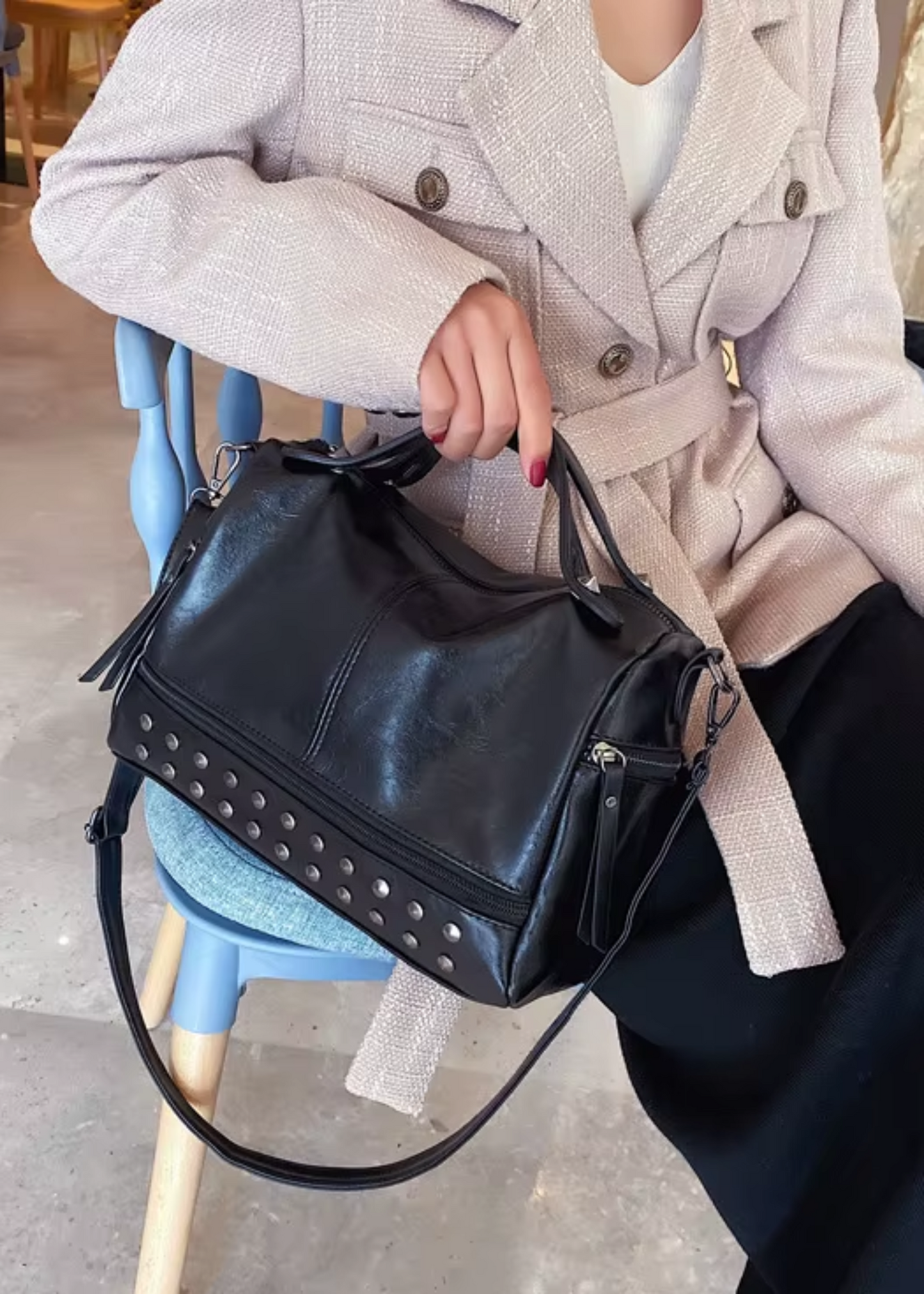Top Handle High Quality Leather With Rivets Tote Shoulder Bag