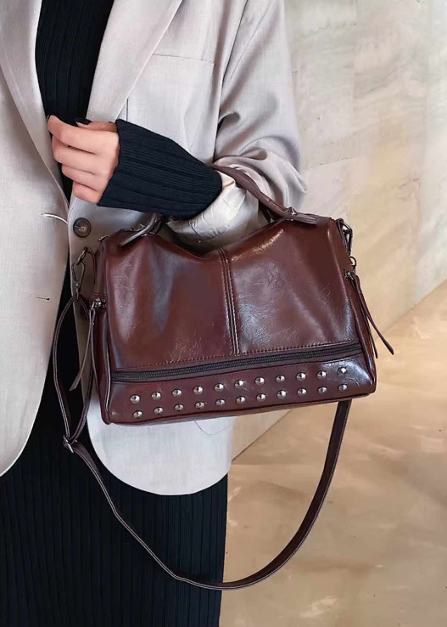 Top Handle High Quality Leather With Rivets Tote Shoulder Bag