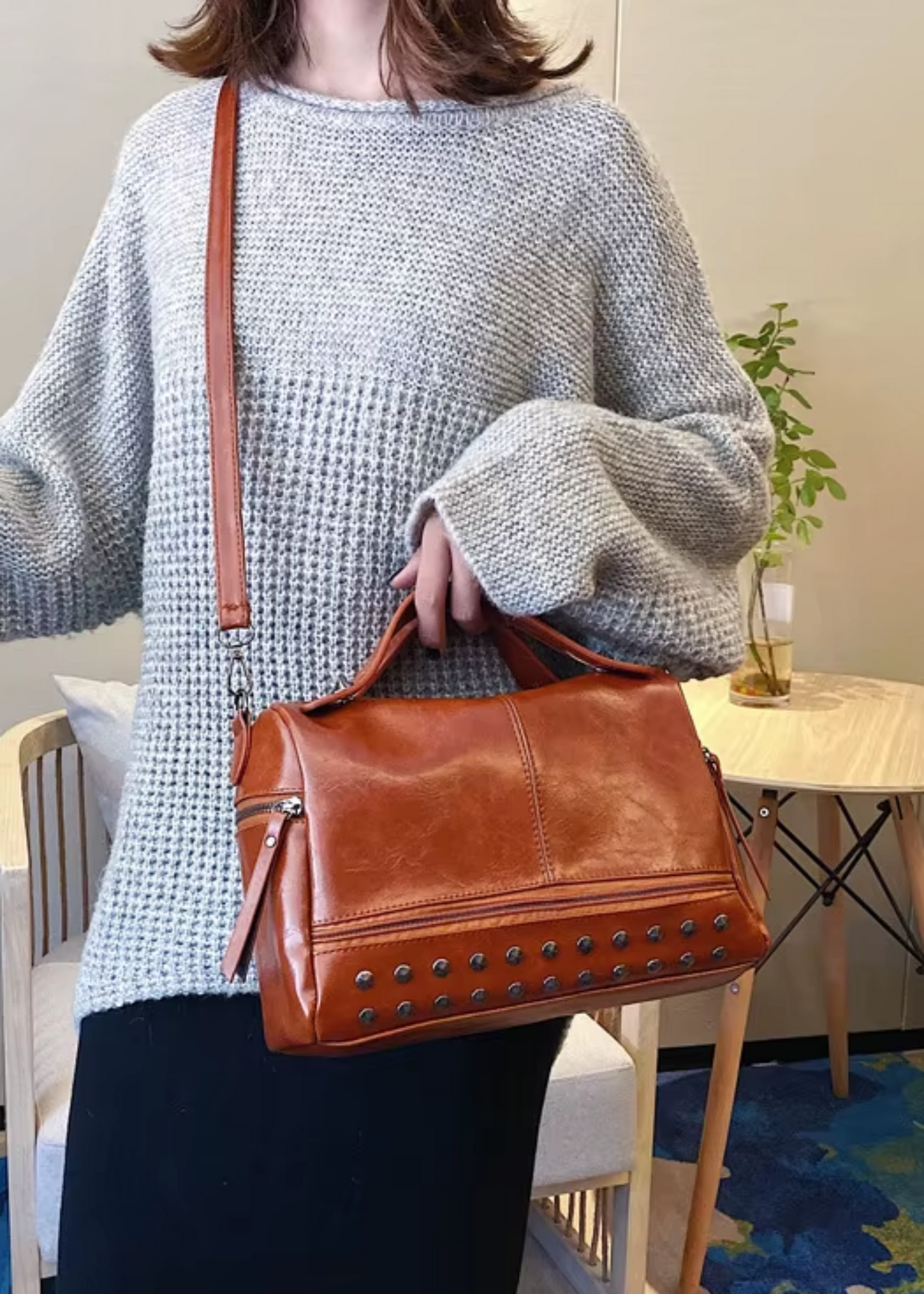 Top Handle High Quality Leather With Rivets Tote Shoulder Bag