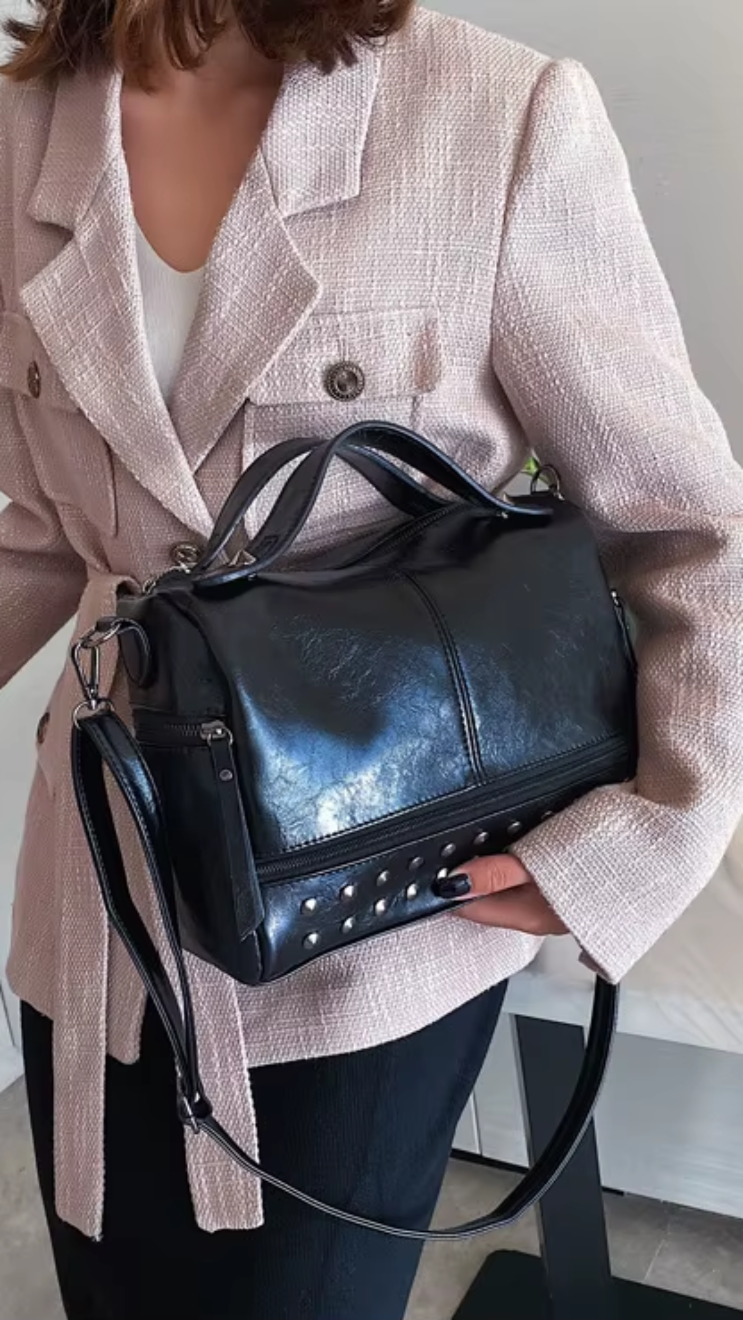 Top Handle High Quality Leather With Rivets Tote Shoulder Bag