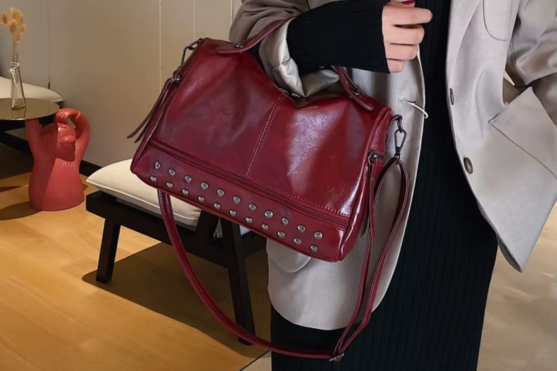 Top Handle High Quality Leather With Rivets Tote Shoulder Bag