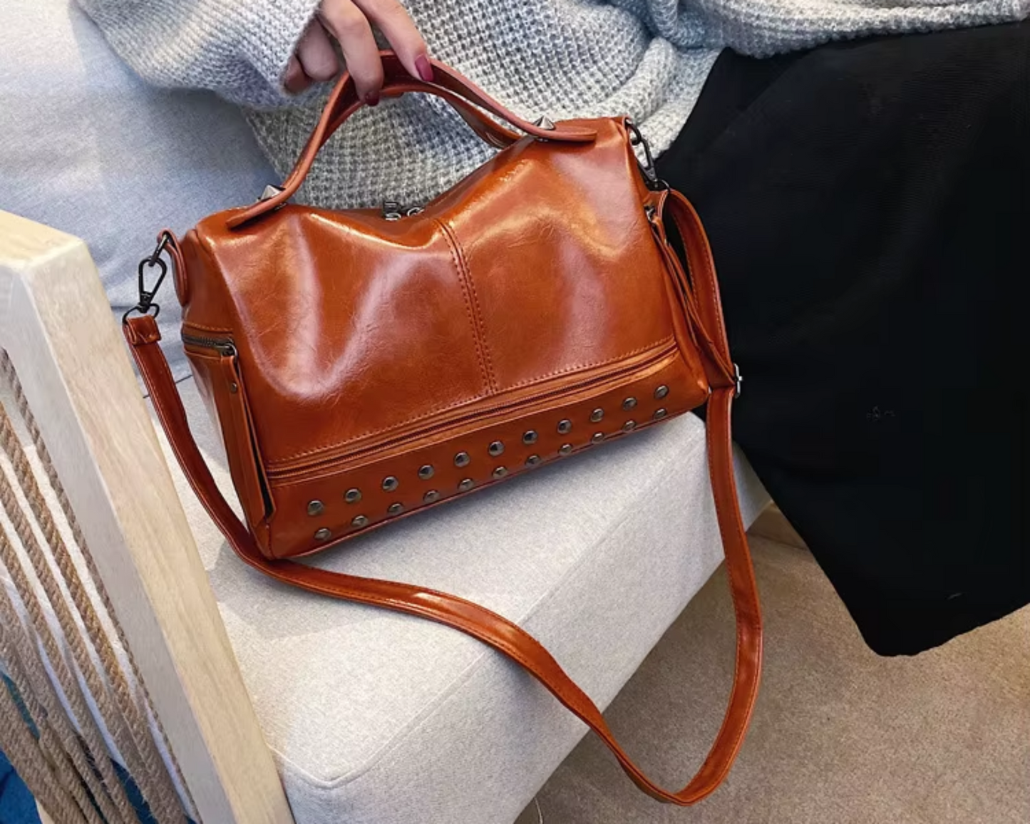 Top Handle High Quality Leather With Rivets Tote Shoulder Bag