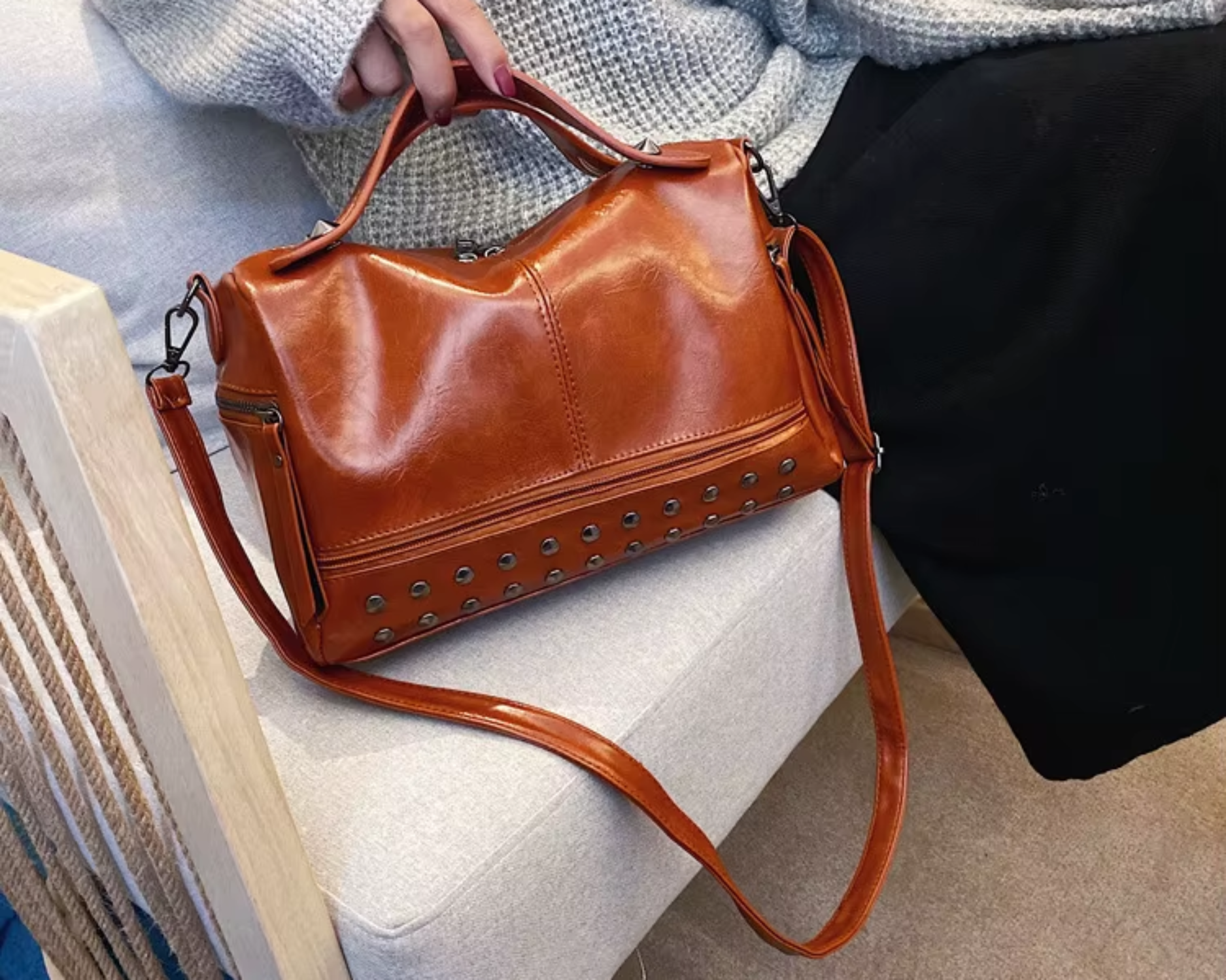 Top Handle High Quality Leather With Rivets Tote Shoulder Bag