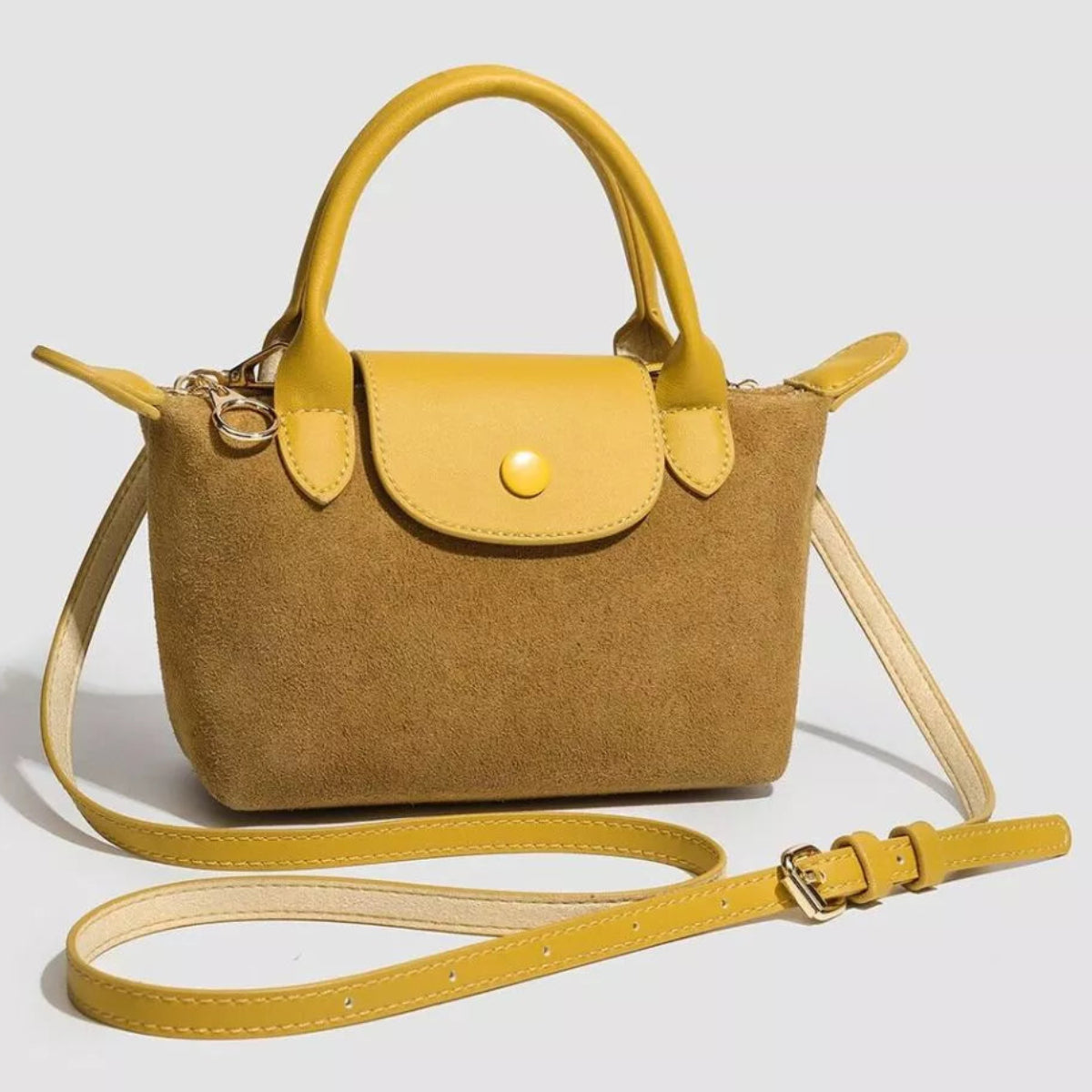 Two-Tone Suede Crossbody Bag with Top Handles